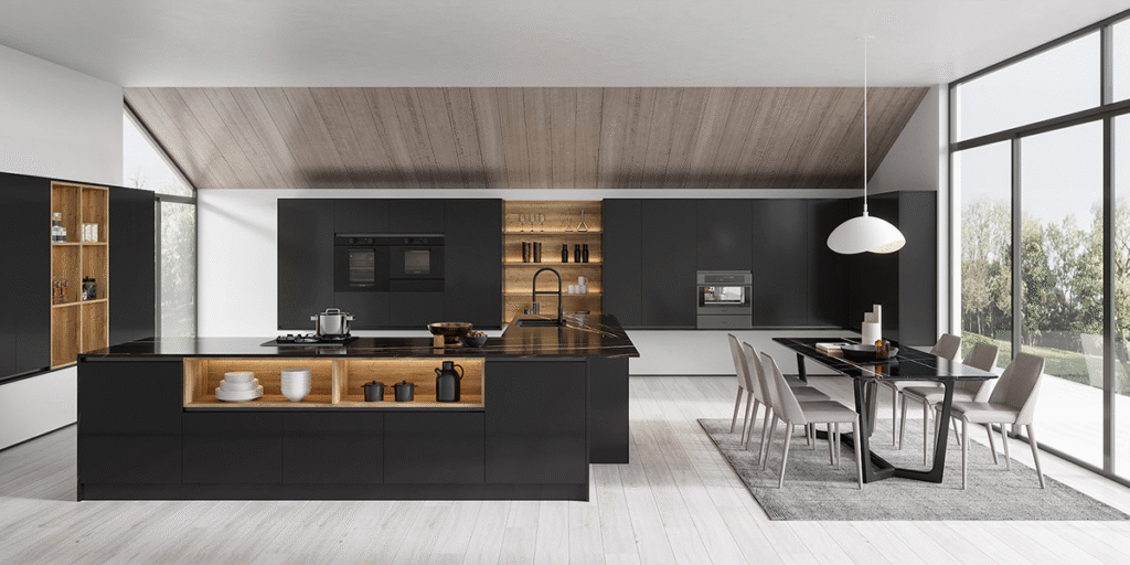 black and oak kitchen