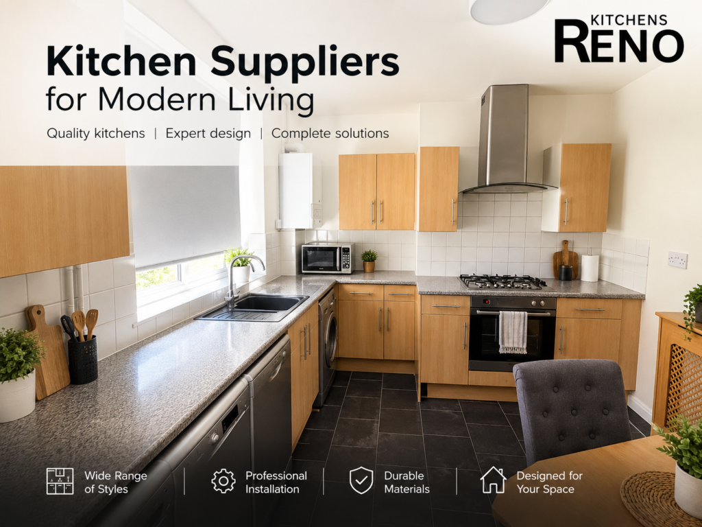 Kitchen suppliers in Edinburgh featuring a modern kitchen with oak cabinets, grey worktops and practical storage by Reno Kitchens.