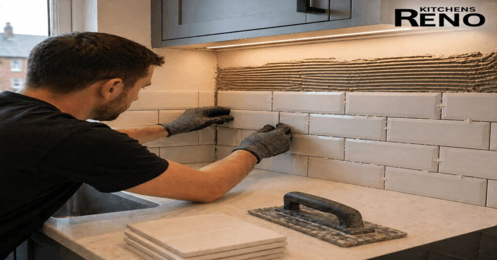 Expert kitchen tiling services in Liverpool showing before and after backsplash transformation in a modern kitchen