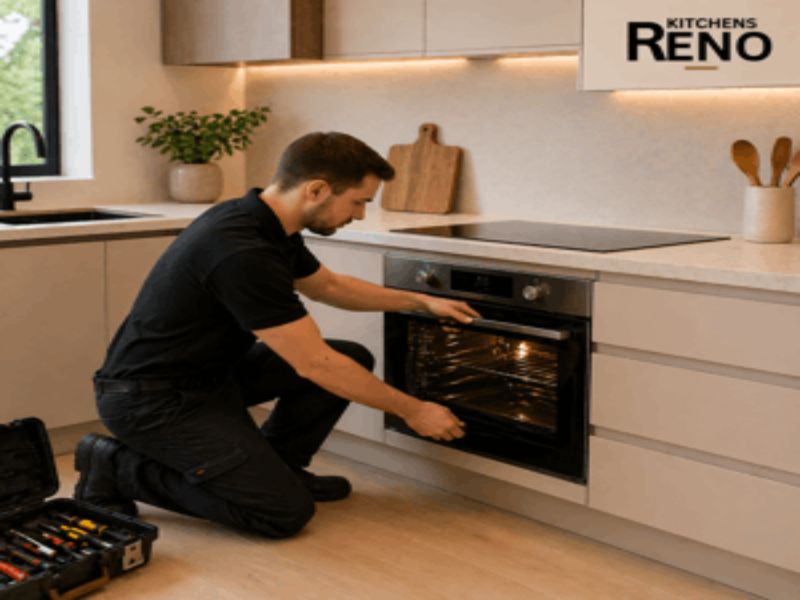 Kitchen installation and appliance support service with a technician fitting a built-in oven in a modern kitchen