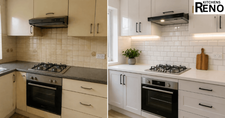 Real kitchen tiling transformations before and after showing modern backsplash upgrade and improved kitchen design