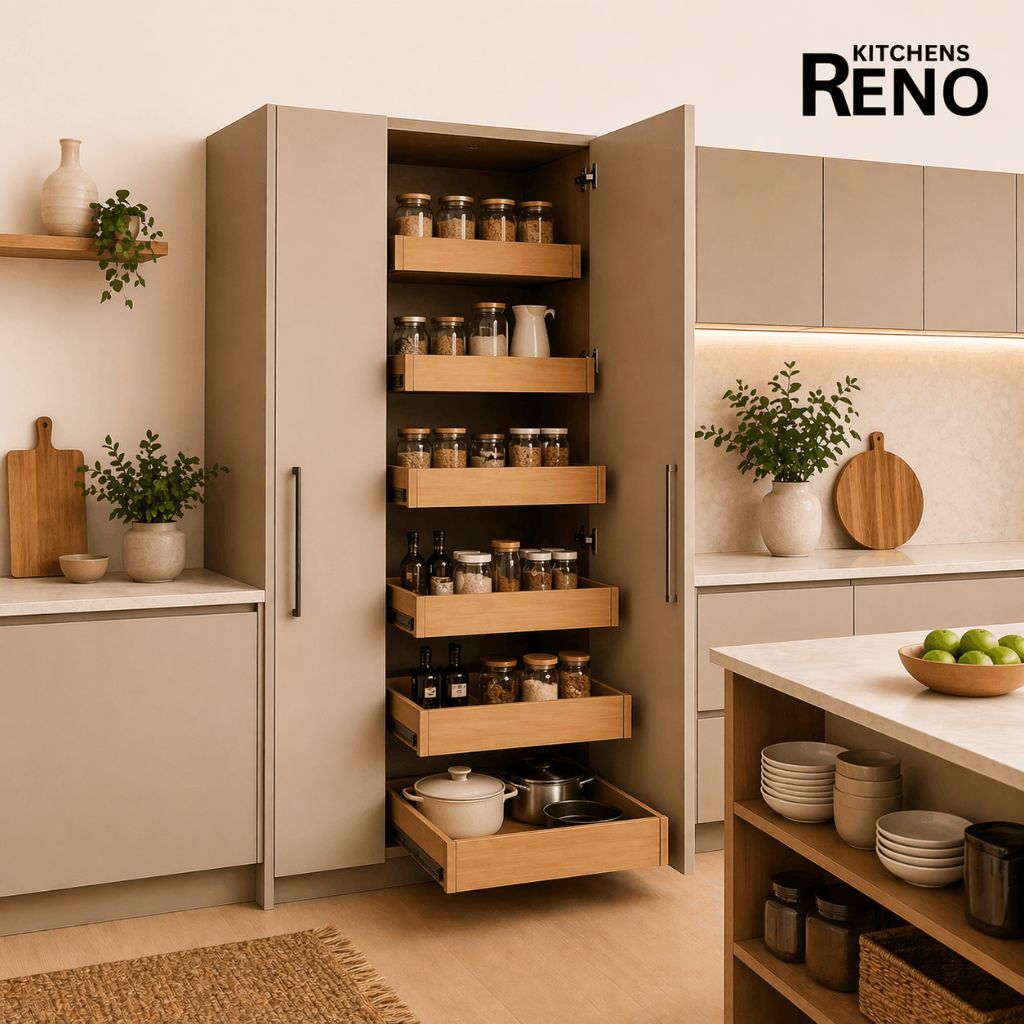 Modern beige kitchen with pull-out pantry storage unit and custom shelving design by Reno Kitchens