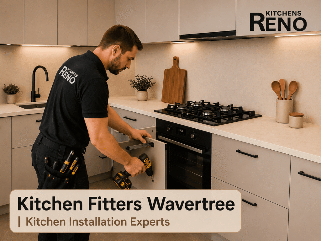 Kitchen fitters in Wavertree installing kitchen cabinets and appliances in a modern fitted kitchen.