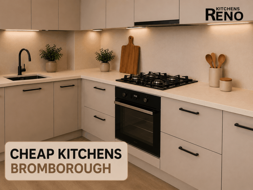 Cheap Kitchens Bromborough modern fitted kitchen with affordable cabinets, worktops, and integrated appliances.