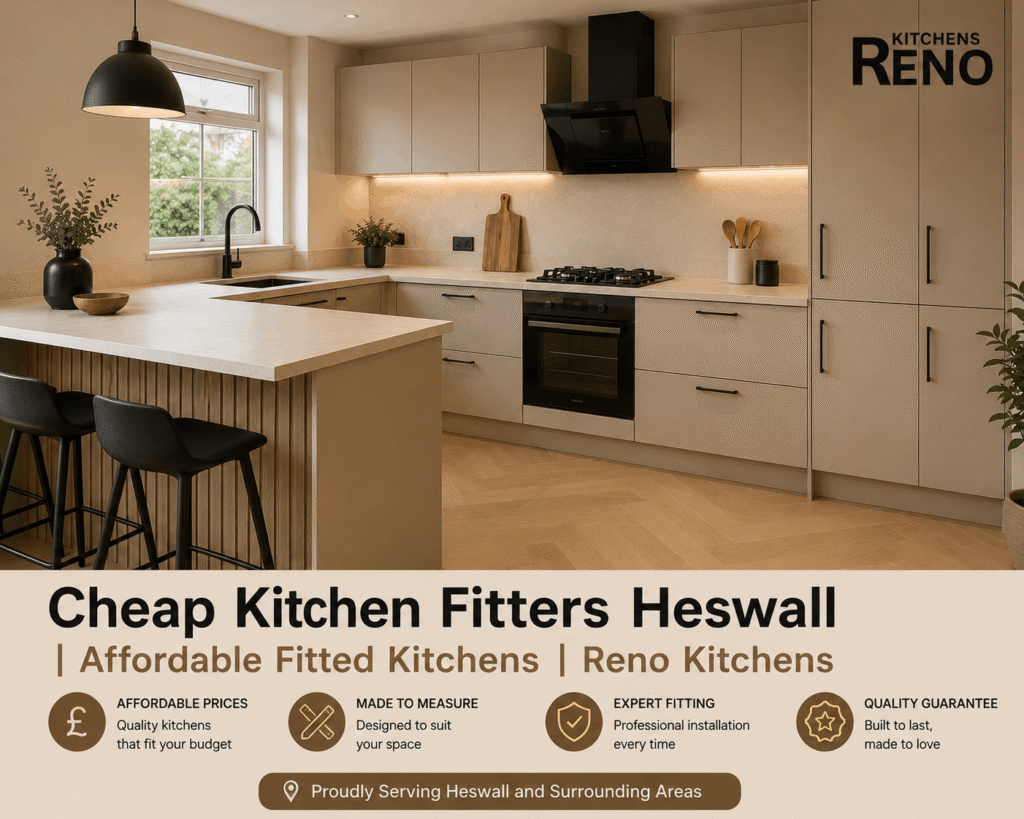 Cheap Kitchen Fitters Heswall installing an affordable modern fitted kitchen with stylish cabinets and island.