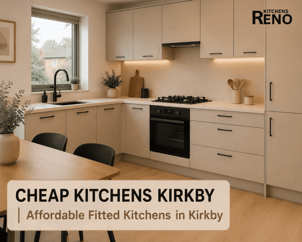 Cheap Kitchens Kirkby featuring an affordable fitted kitchen with modern white cabinets, quartz-style worktops, integrated oven, gas hob, and smart storage by Reno Kitchens.