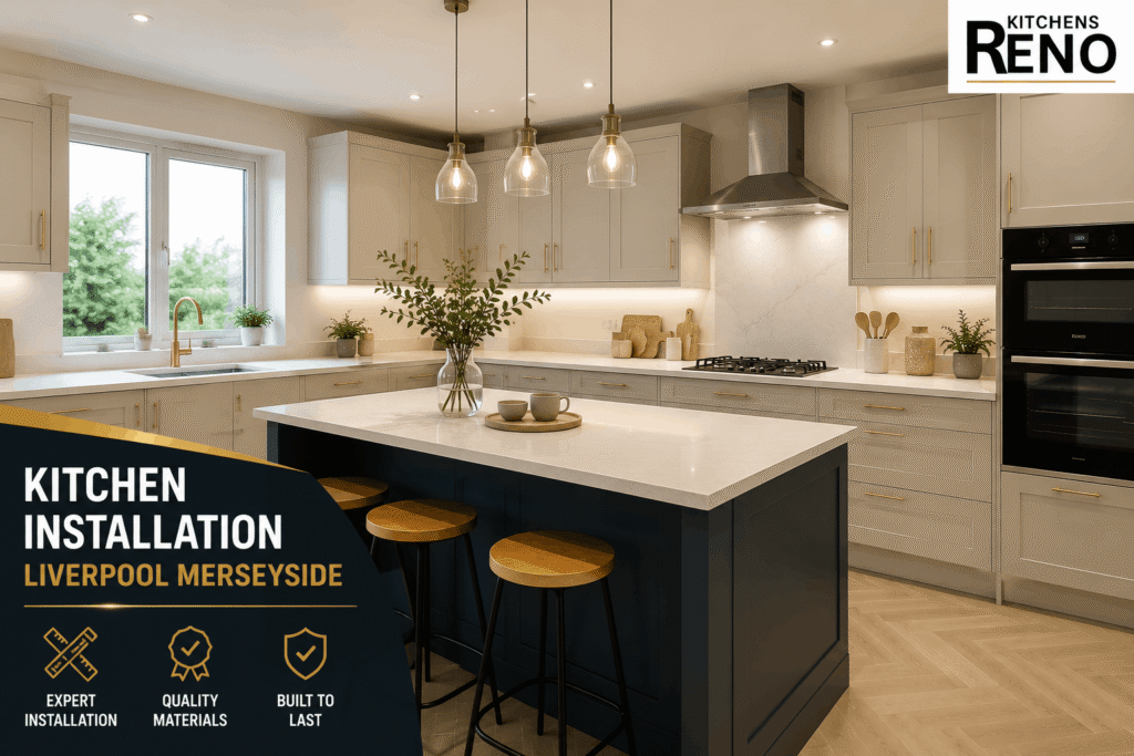 Kitchen Installation Liverpool Merseyside featuring a modern renovated kitchen with shaker cabinets, a large island, and premium finishes.