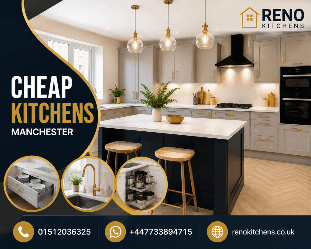 Cheap Kitchens Manchester featuring a modern fitted kitchen with a stylish island, shaker cabinets, premium worktops, and contemporary finishes.