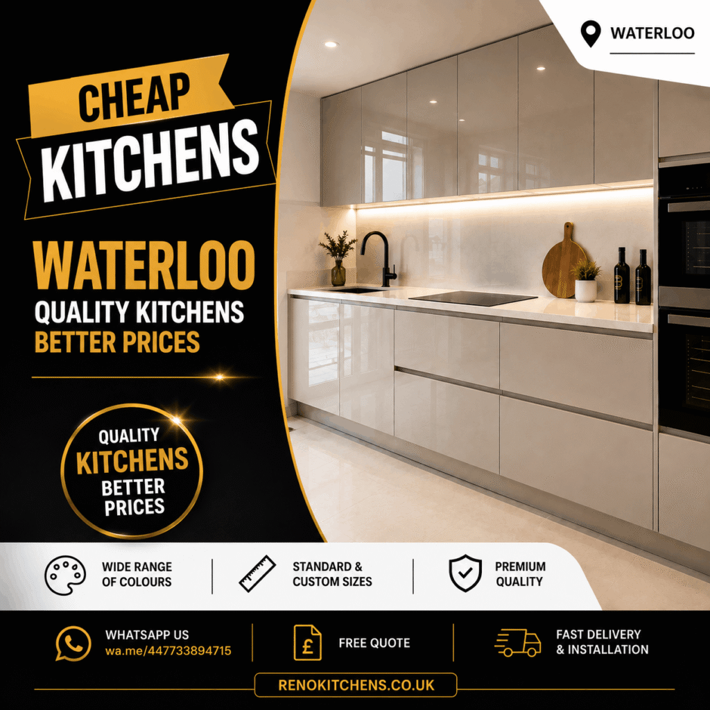 Cheap Kitchens Waterloo promotional banner featuring a modern gloss kitchen with affordable pricing, premium quality, free quote, fast delivery, and installation.