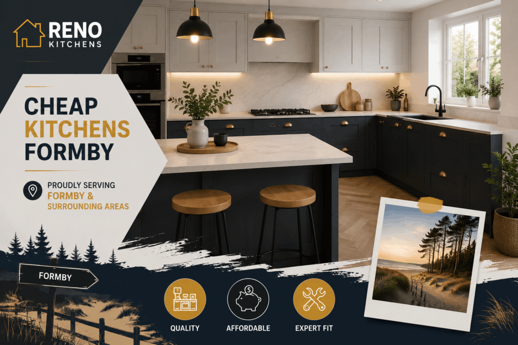 Cheap Kitchens Formby featuring a modern fitted kitchen with stylish cabinets, kitchen island, and affordable kitchen design.