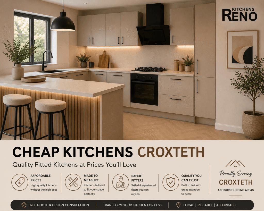 Cheap Kitchens Croxteth featuring a modern affordable fitted kitchen with an island, integrated appliances, and contemporary cabinets
