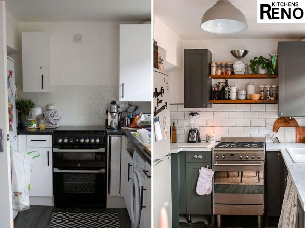 Cheap Kitchens Crosby before and after kitchen renovation showing affordable fitted kitchen installation by Reno Kitchens.