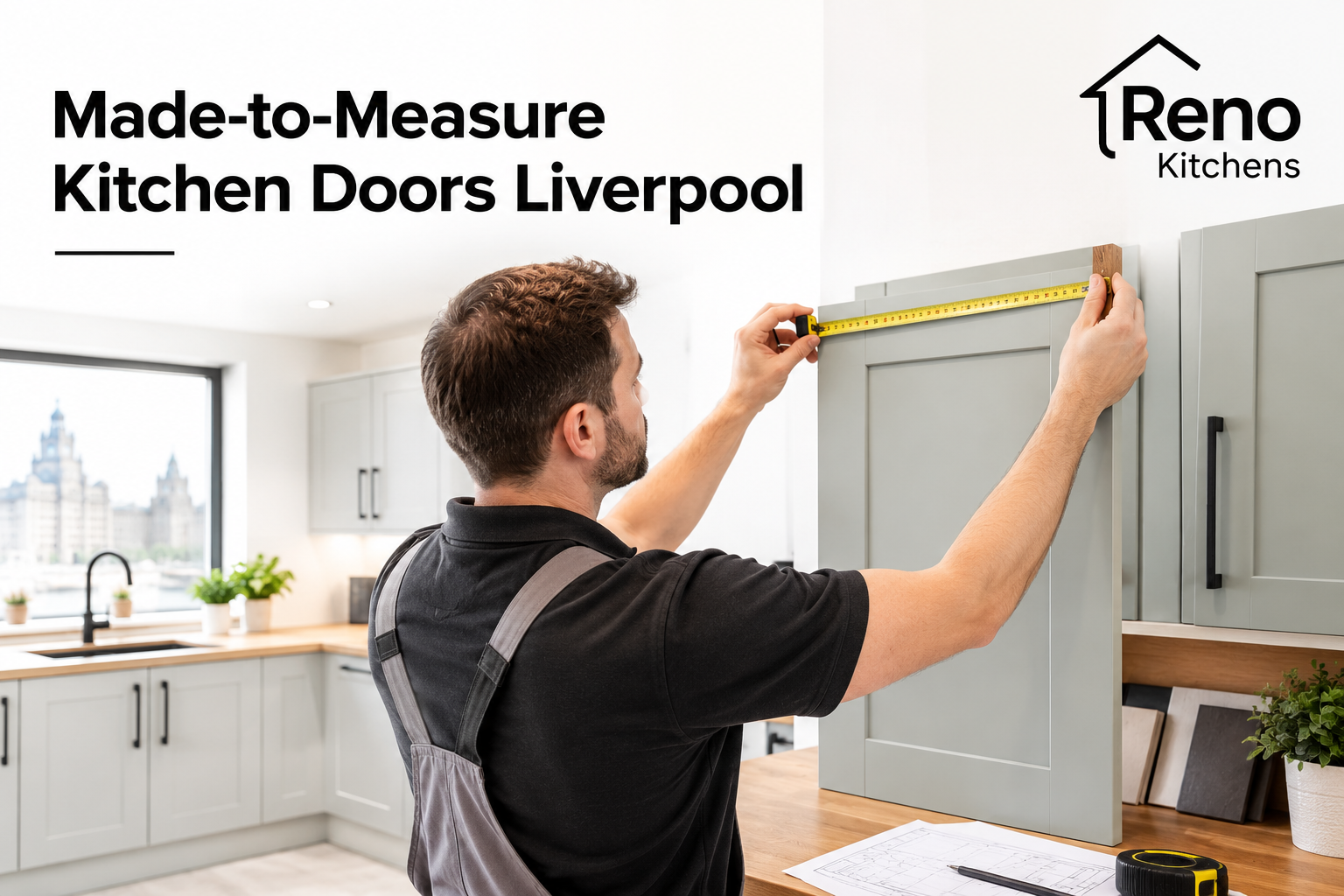 Made-to-measure grey kitchen doors in Liverpool being measured by a professional 