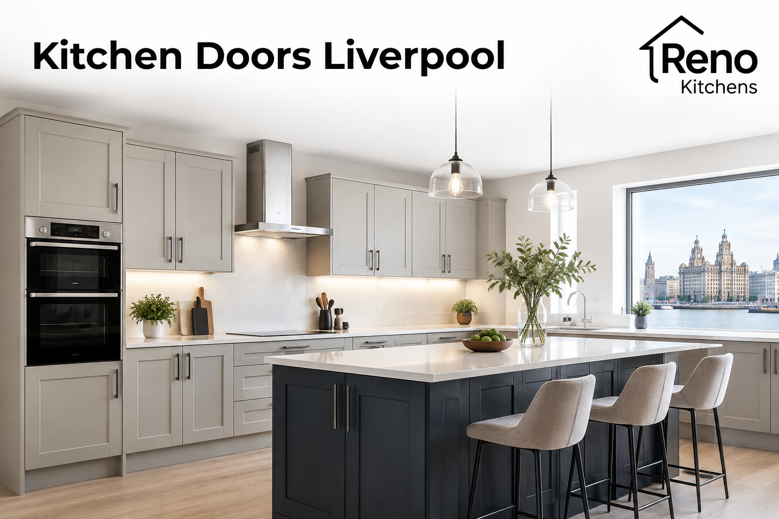 Modern kitchen with grey shaker-style cabinets and island in Liverpool