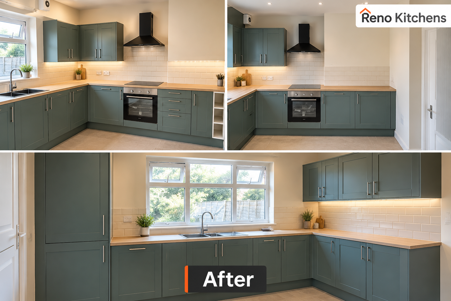 Completed kitchen refurbishment with green shaker cabinets, wood-effect worktops and tiled splashback